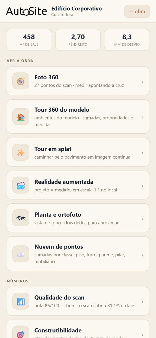 A camada do celular da obra: foto 360, tour, realidade aumentada, planta e números da obra